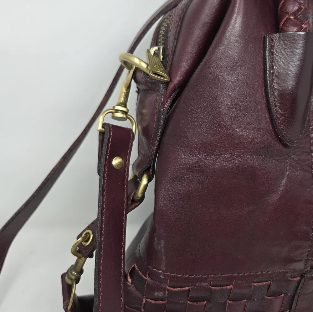 Patricia Nash Paloma Burgundy Patchwork Woven Leather Satchel Detachable Strap
